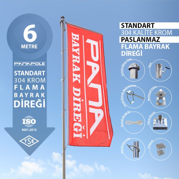 6 Metre Flama Bayrak Direği Paslanmaz Krom Standart Model